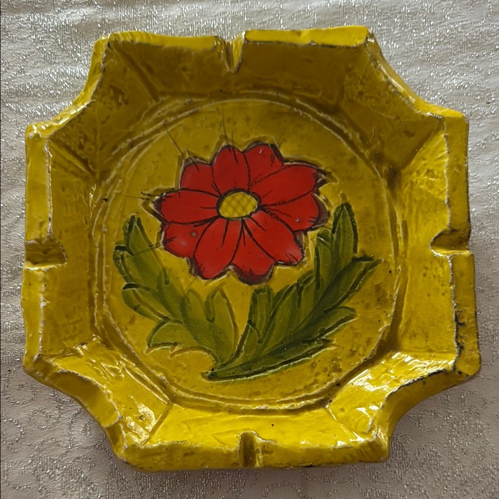 Yellow Ceramic Ashtray with Red Flower Design